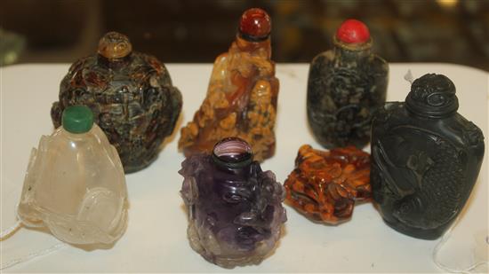 Seven Chinese snuff bottles, variously-carved in agate, quartz, hardstone etc.